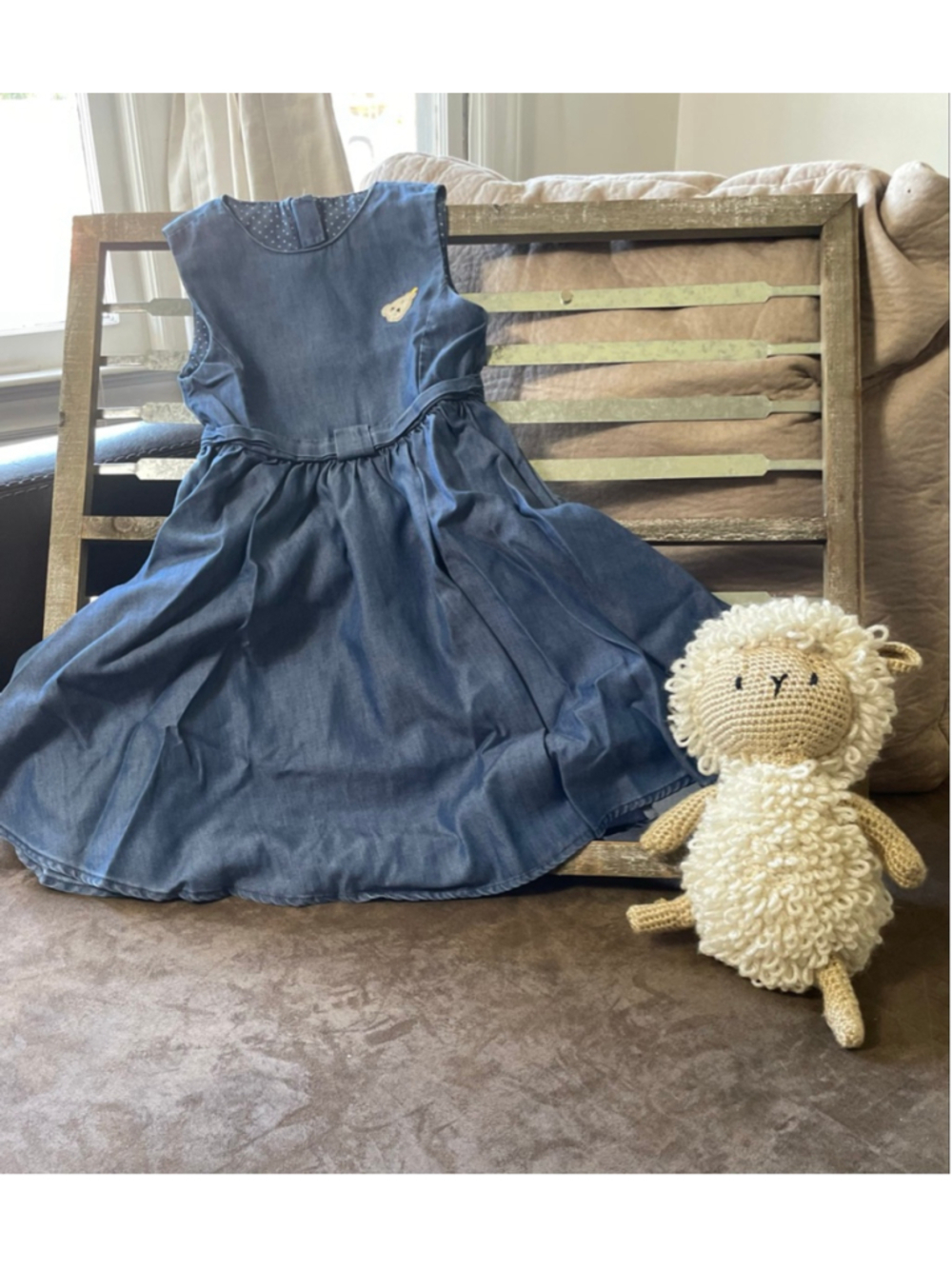 Girls Steiff Casual Dress Size 5 Blue White Bear Luxury